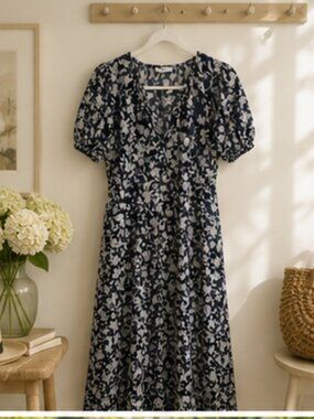 MNG Navy Floral Puff Sleeve Midi Dress – Cottagecore Garden Dress L